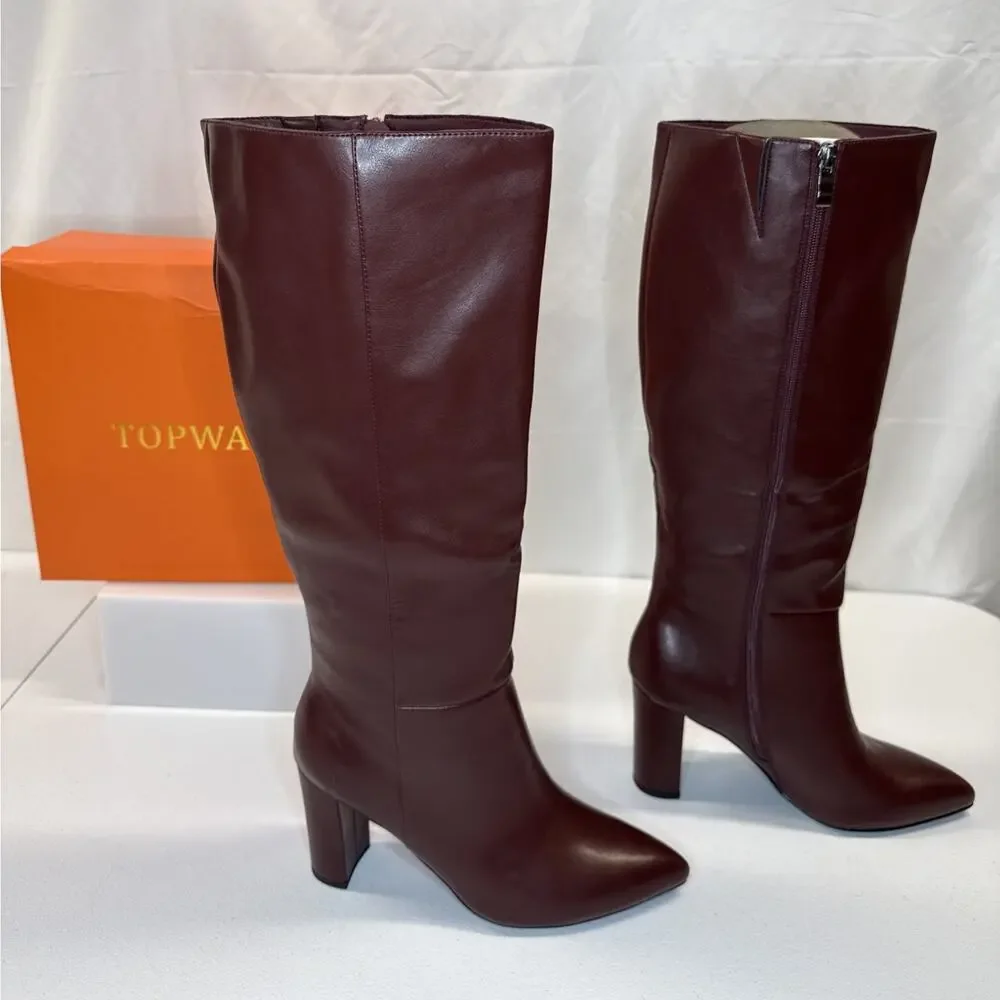 TopWalks Women's Knee High Boots Pointed Toe Chunky Block Heel Burgundy Size 8.5